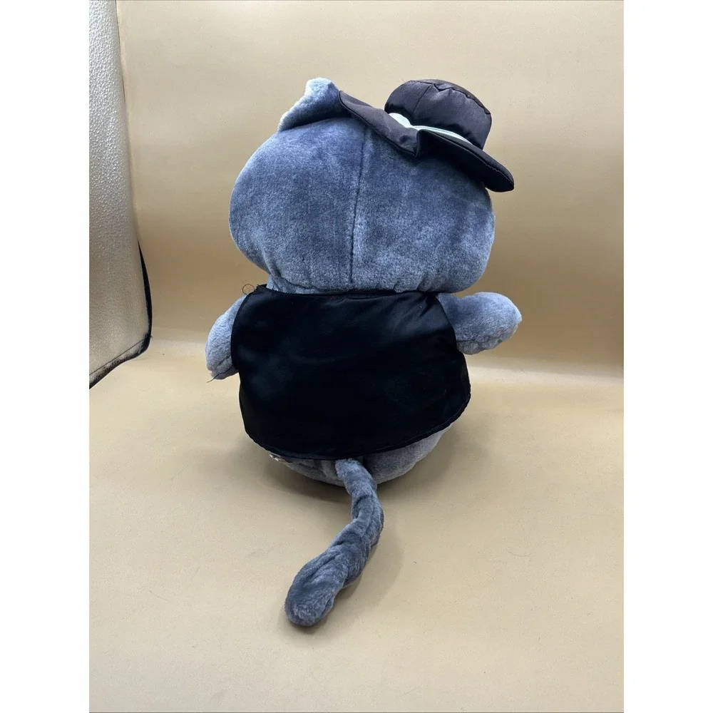 Vintage Gray Cat Plush With Black Bowtie Sad Eyes Purple Eyelids Stuffed Animal